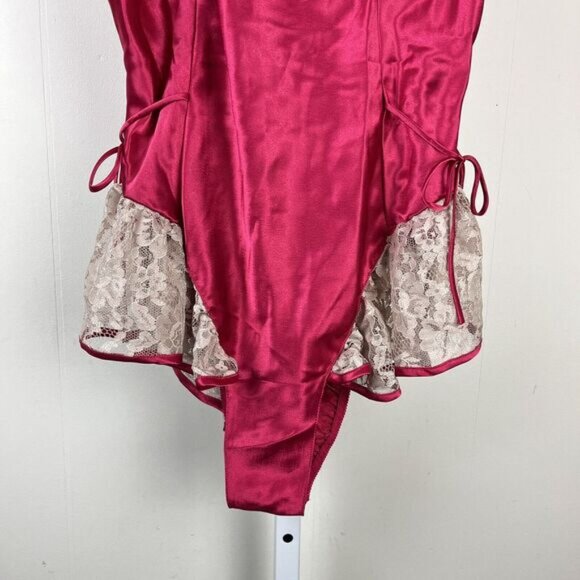 VTG Victoria's Secret Teddy Magenta Pink Satin Beige Lace Gold Label Medium - Picture 3 of 8